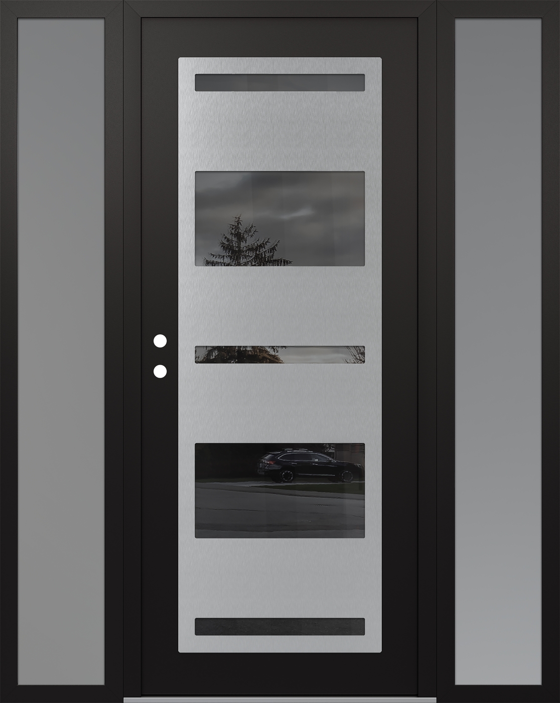 Modern Steel Front Door Diamond C10 68" x 80" black/black mirrored Glass Panel stainless steel RHI with 2 Sidelites frosted Glass