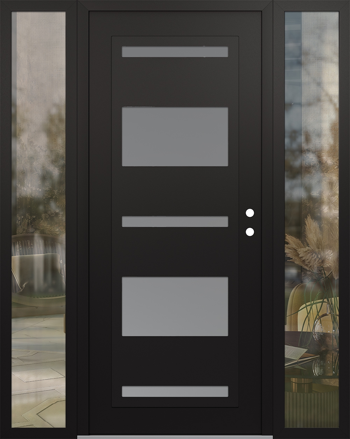 Modern Steel Front Door Diamond C10 68" x 80" black/white frosted Glass Panel black LHI with 2 Sidelites clear Glass