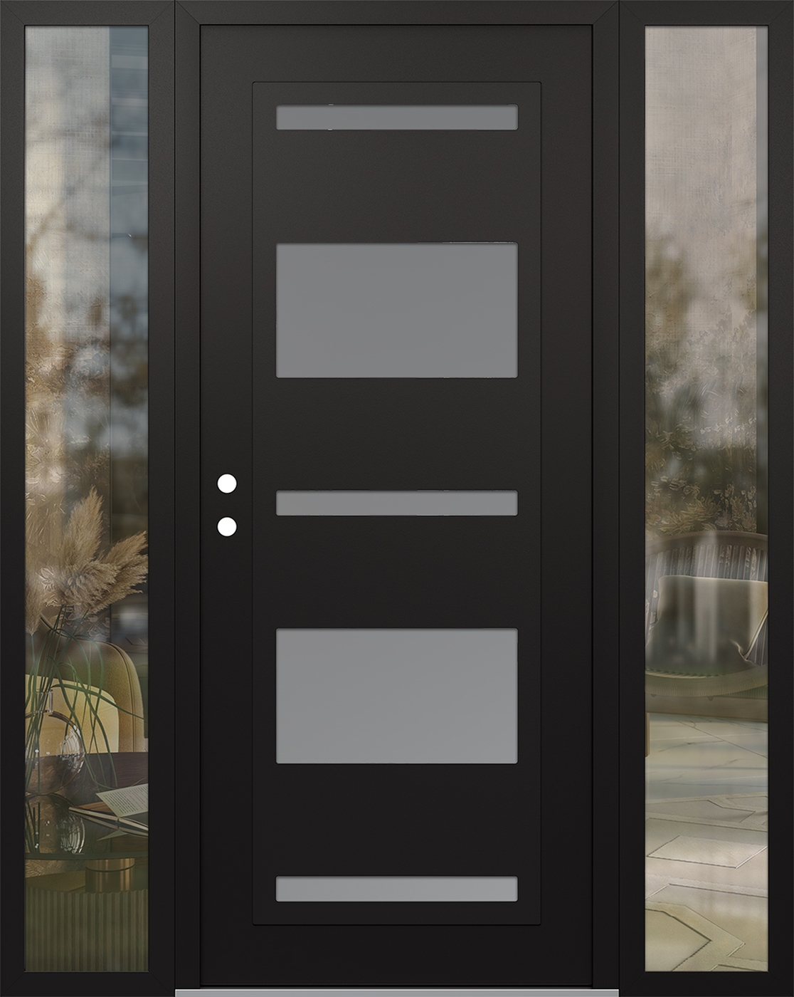 Modern Steel Front Door Diamond C10 68" x 80" black/white frosted Glass Panel black RHI with 2 Sidelites clear Glass