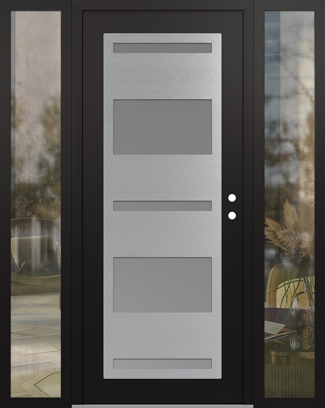 Modern Steel Front Door Diamond C10 68" x 80" black/white frosted Glass Panel stainless steel LHI with 2 Sidelites clear Glass