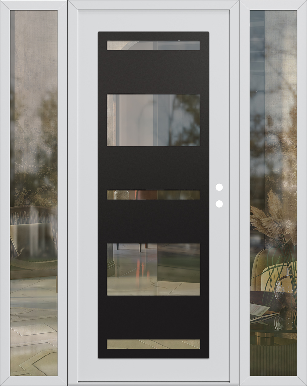 Modern Steel Front Door Diamond C10 68" x 80" white/white clear Glass Panel black LHI with 2 Sidelites clear Glass