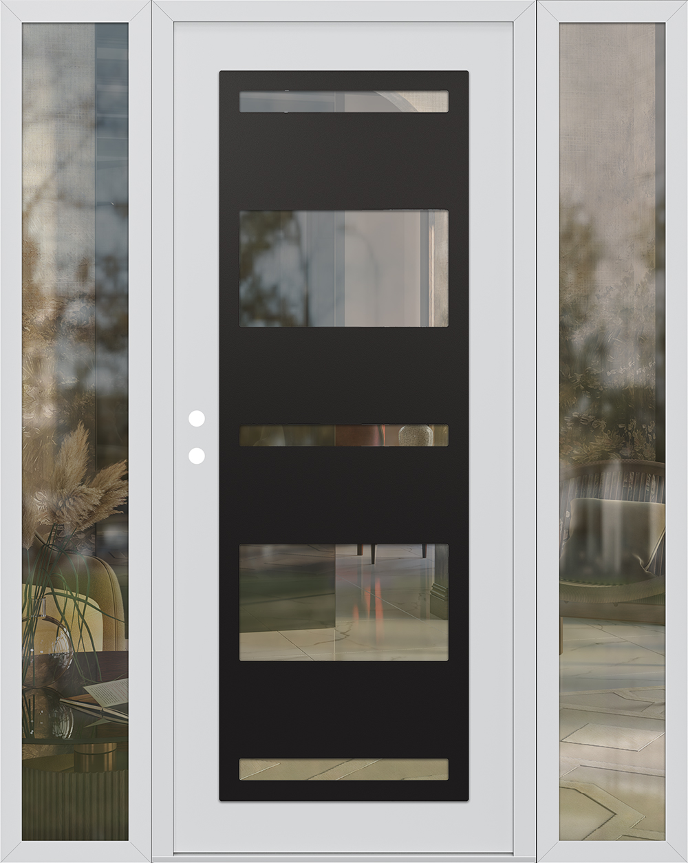 Modern Steel Front Door Diamond C10 68" x 80" white/white clear Glass Panel black RHI with 2 Sidelites clear Glass