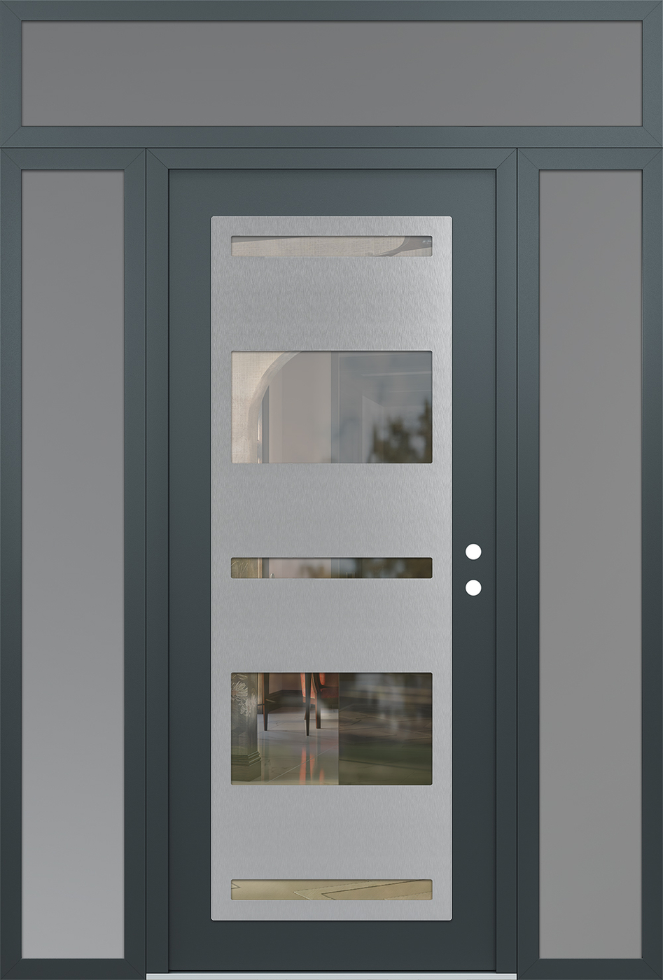 Modern Steel Front Door Diamond C10 68" x 96" anthracite/anthracite clear Glass Panel stainless steel LHI with 2 Sidelites and Transom frosted Glass