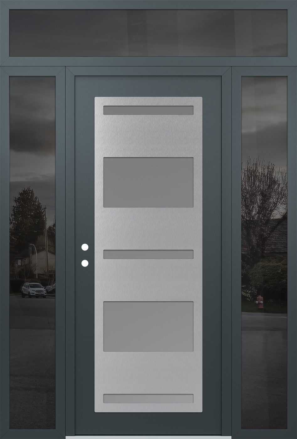 Modern Steel Front Door Diamond C10 68" x 96" anthracite/anthracite frosted Glass Panel stainless steel RHI with 2 Sidelites and Transom mirrored Glass