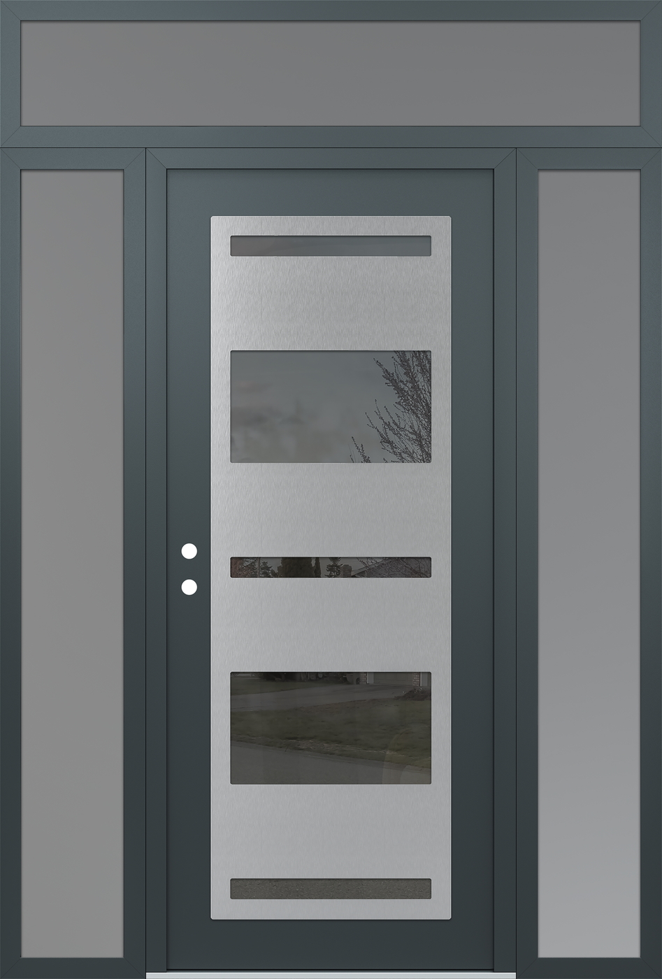 Modern Steel Front Door Diamond C10 68" x 96" anthracite/anthracite mirrored Glass Panel stainless steel RHI with 2 Sidelites and Transom frosted Glass