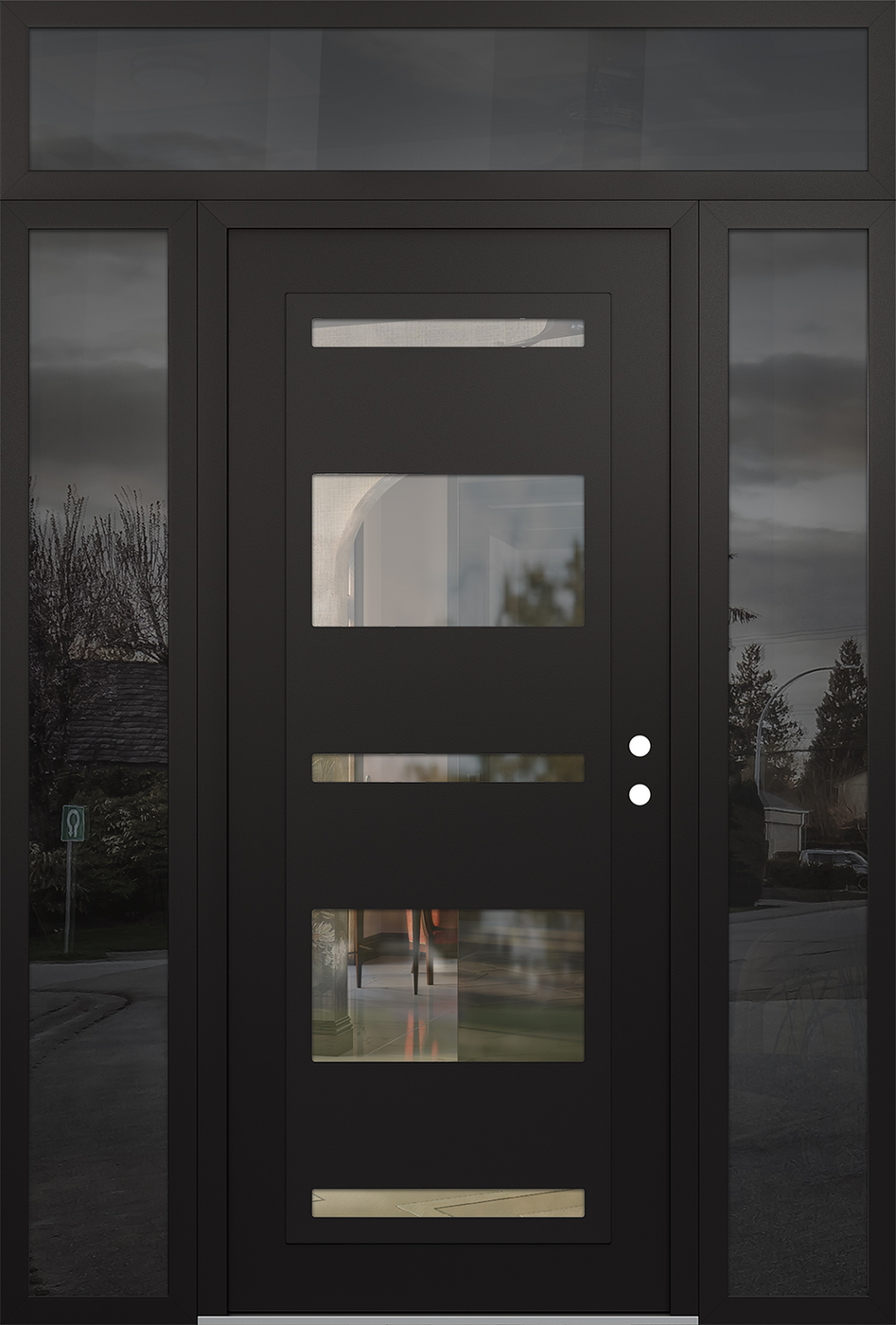 Modern Steel Front Door Diamond C10 68" x 96" black/black clear Glass Panel black LHI with 2 Sidelites and Transom mirrored Glass
