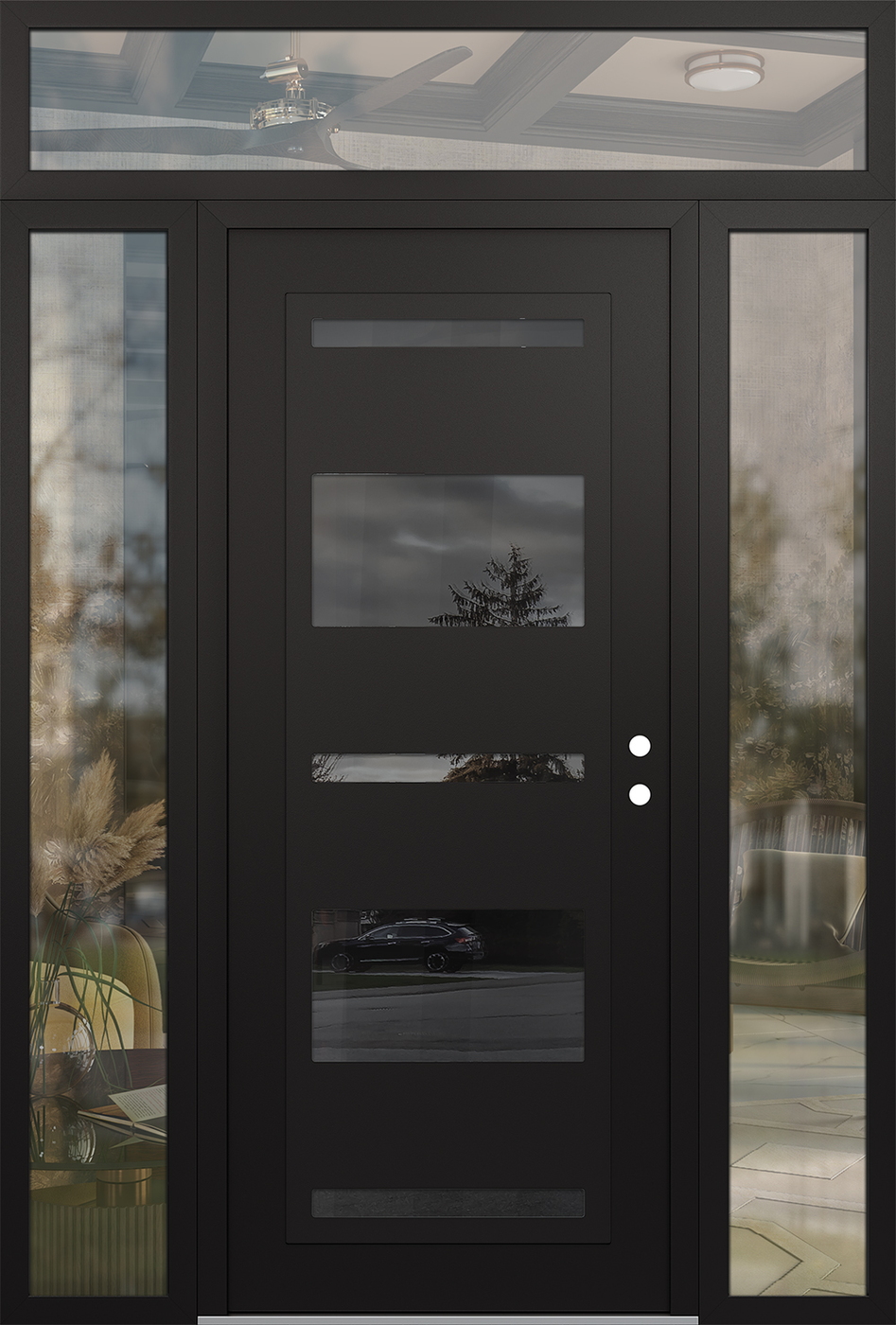 Modern Steel Front Door Diamond C10 68" x 96" black/black mirrored Glass Panel black LHI with 2 Sidelites and Transom clear Glass