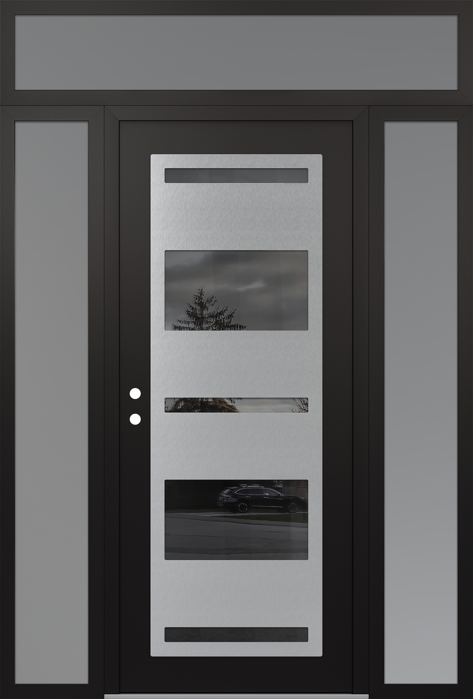 Modern Steel Front Door Diamond C10 68" x 96" black/black mirrored Glass Panel stainless steel RHI with 2 Sidelites and Transom frosted Glass