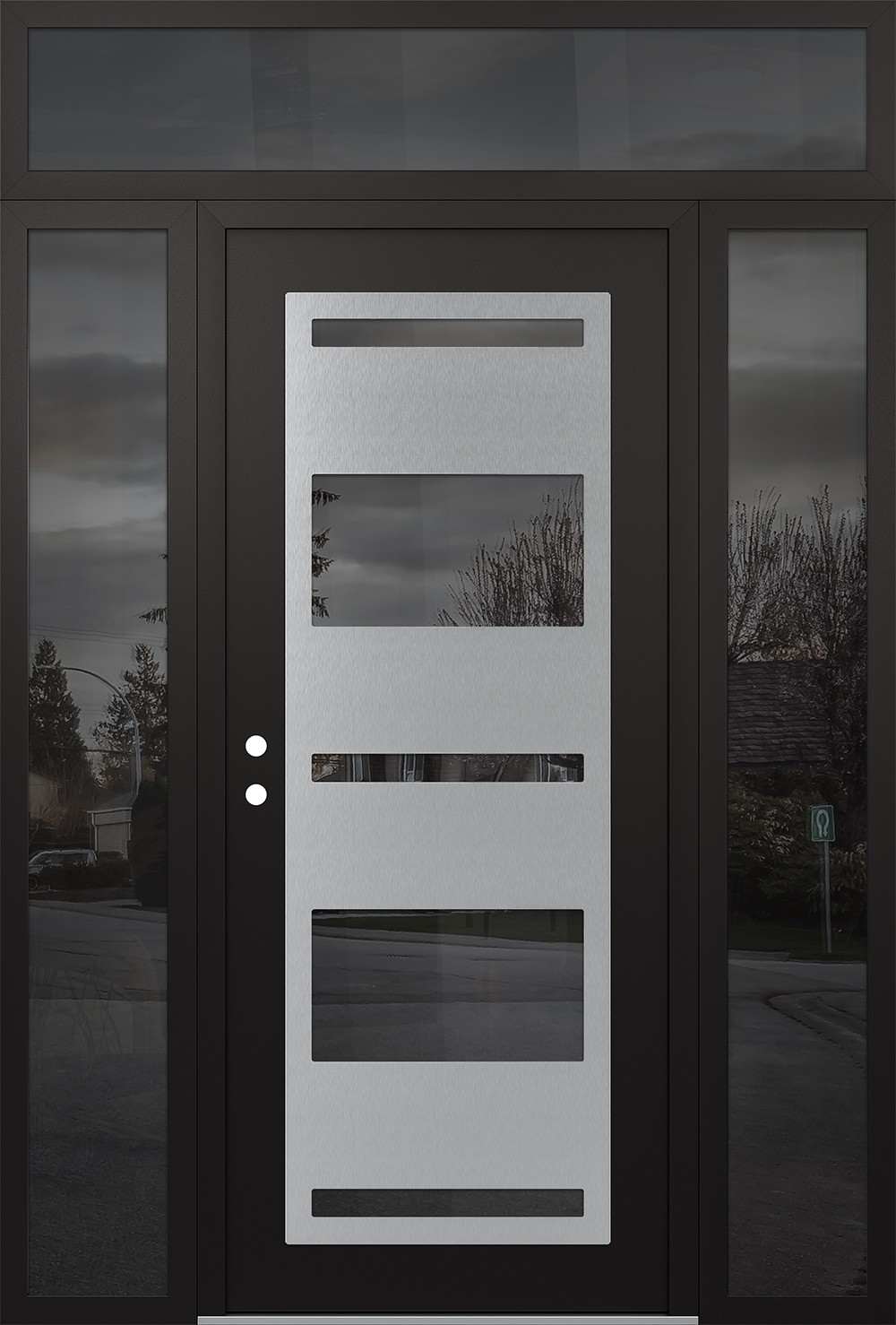 Modern Steel Front Door Diamond C10 68" x 96" black/black mirrored Glass Panel stainless steel RHI with 2 Sidelites and Transom mirrored Glass