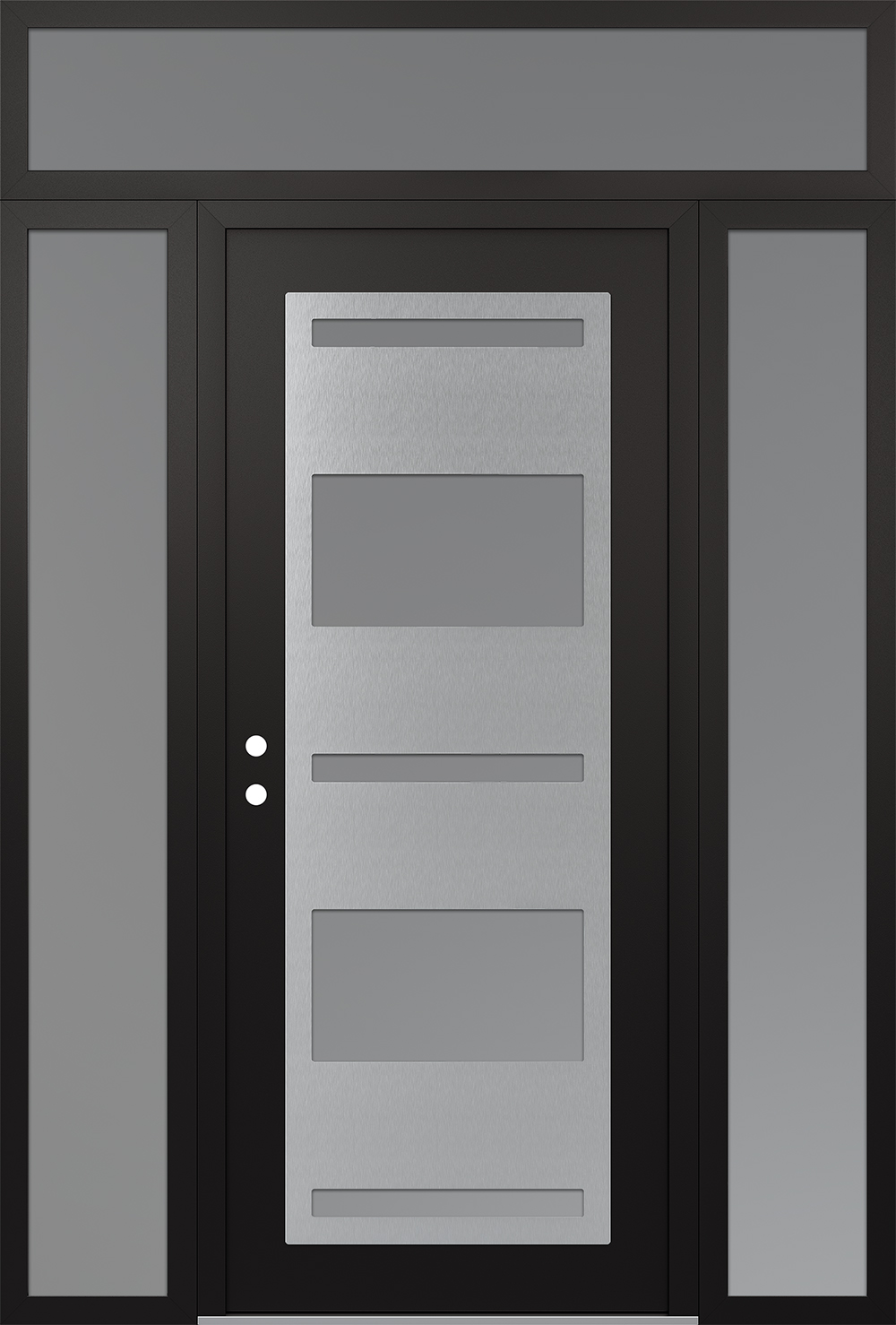 Modern Steel Front Door Diamond C10 68" x 96" black/white frosted Glass Panel stainless steel RHI with 2 Sidelites and Transom frosted Glass