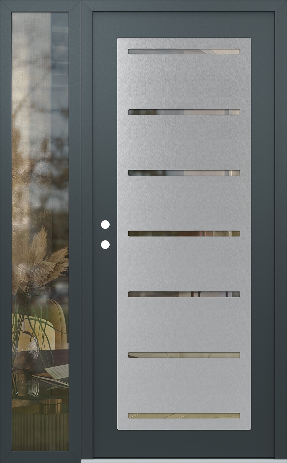 Modern Steel Front Door Diamond C11 48" x 80" anthracite/anthracite clear Glass Panel stainless steel RHI with Sidelite clear Glass
