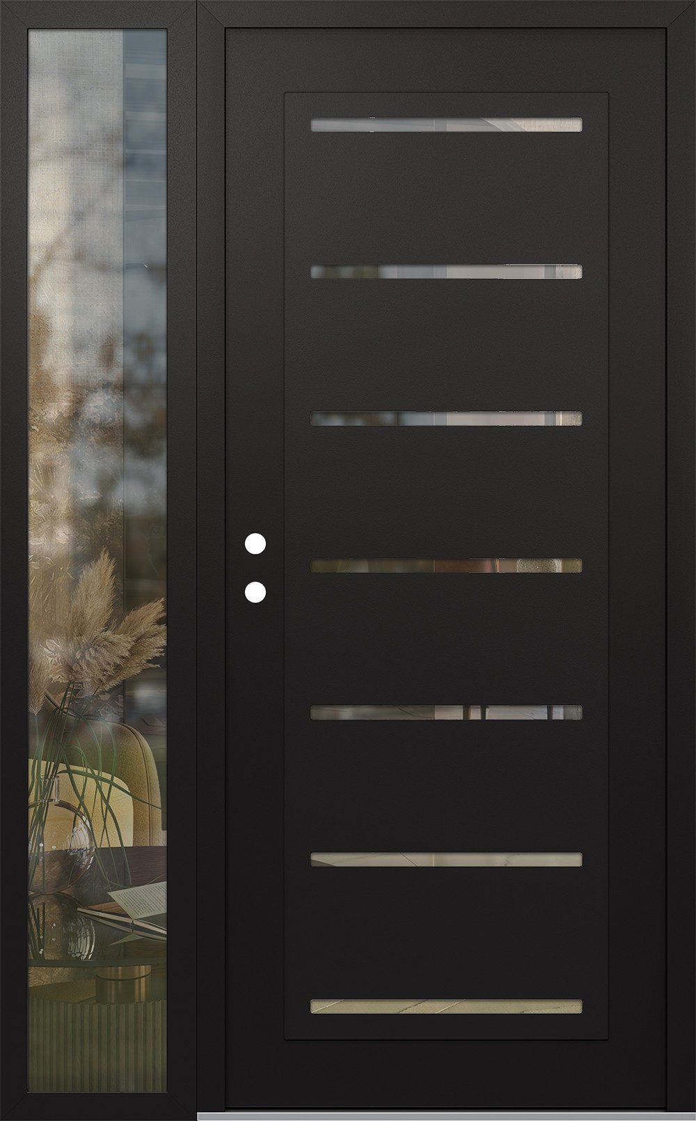 Modern Steel Front Door Diamond C11 48" x 80" black/black clear Glass Panel black RHI with Sidelite clear Glass