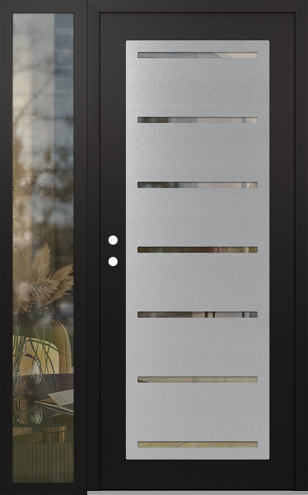 Modern Steel Front Door Diamond C11 48" x 80" black/black clear Glass Panel stainless steel RHI with Sidelite clear Glass
