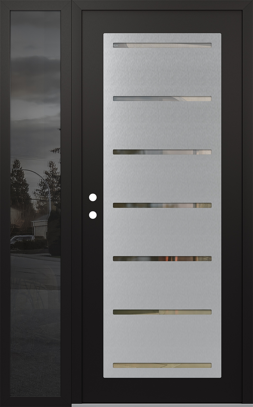 Modern Steel Front Door Diamond C11 48" x 80" black/black clear Glass Panel stainless steel RHI with Sidelite mirrored Glass