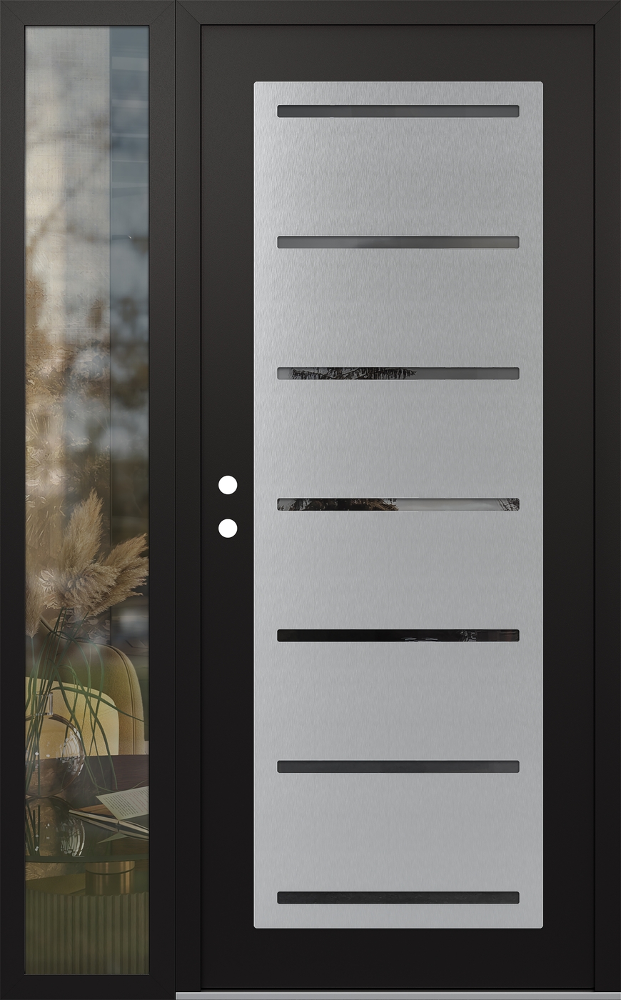 Modern Steel Front Door Diamond C11 48" x 80" black/black mirrored Glass Panel stainless steel RHI with Sidelite clear Glass