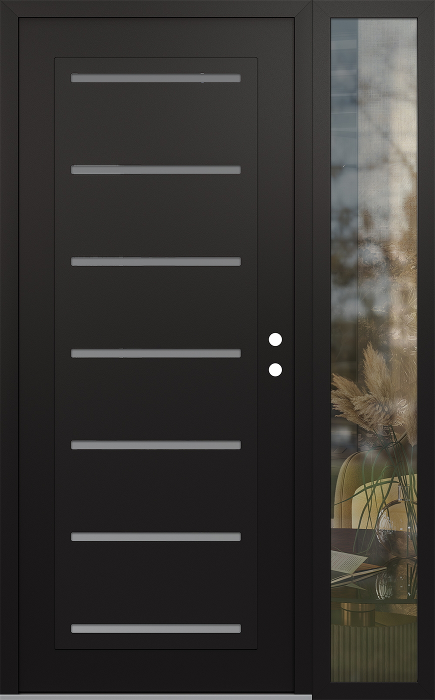 Modern Steel Front Door Diamond C11 48" x 80" black/white frosted Glass Panel black LHI with Sidelite clear Glass
