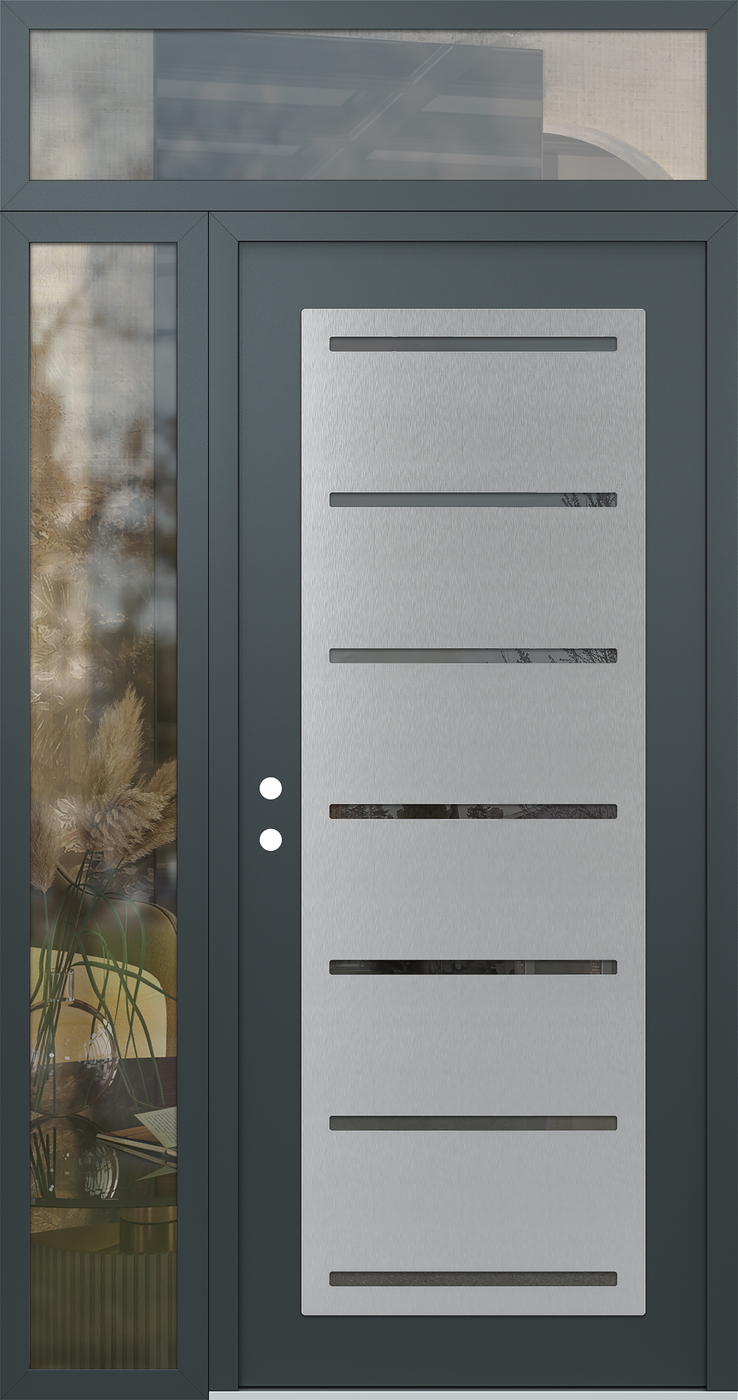 Modern Steel Front Door Diamond C11 48" x 96" anthracite/anthracite mirrored Glass Panel stainless steel RHI with Sidelite and Transom clear Glass
