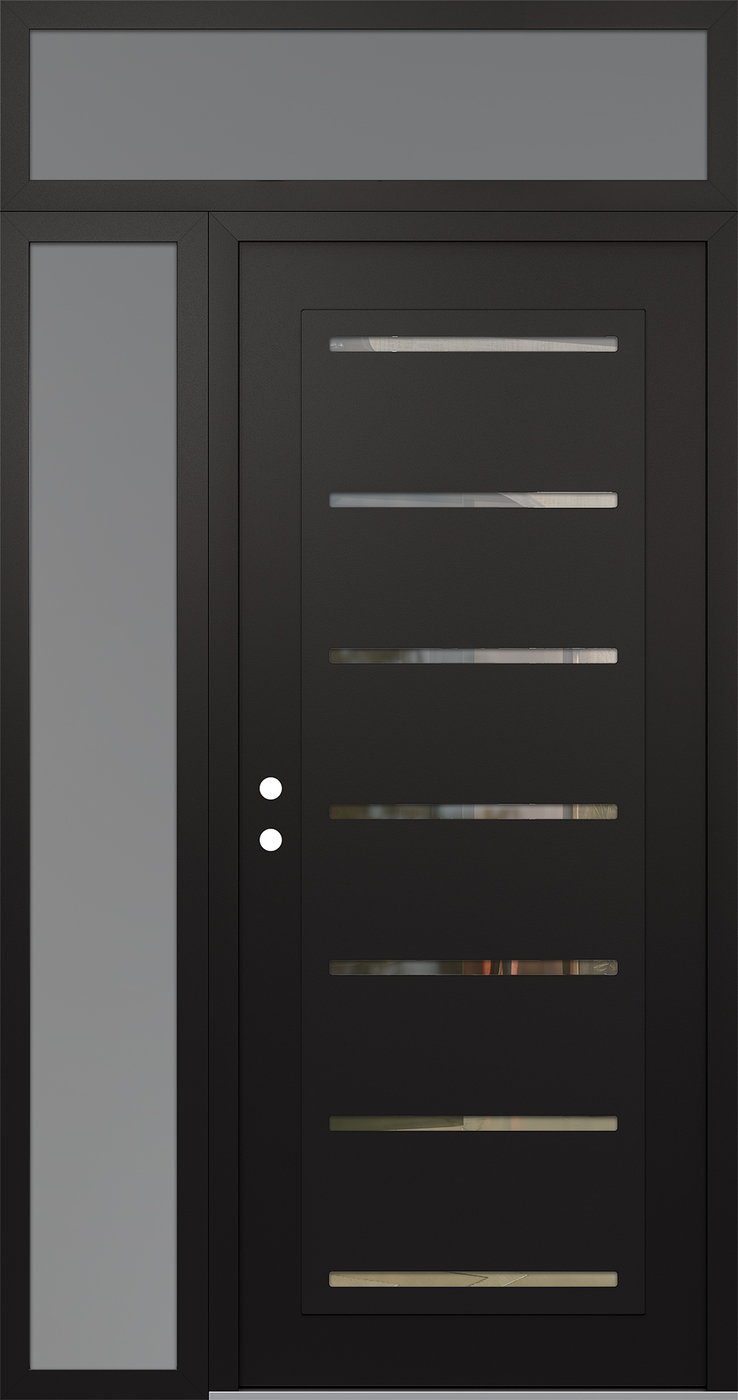 Modern Steel Front Door Diamond C11 48" x 96" black/black clear Glass Panel black RHI with Sidelite and Transom frosted Glass