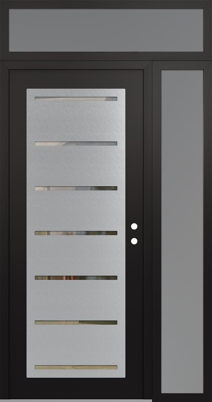 Modern Steel Front Door Diamond C11 48" x 96" black/black clear Glass Panel stainless steel LHI with Sidelite and Transom frosted Glass