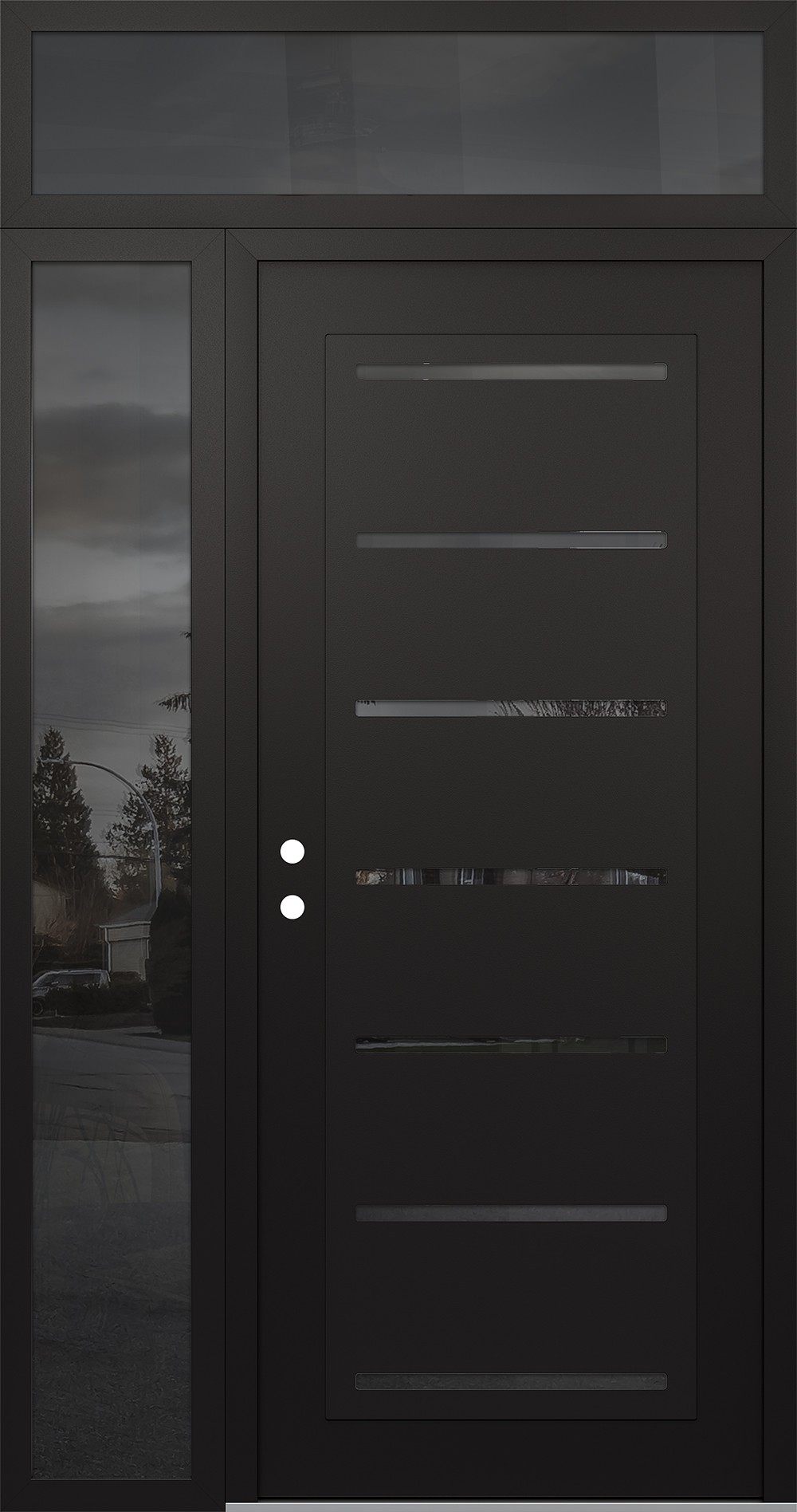 Modern Steel Front Door Diamond C11 48" x 96" black/black mirrored Glass Panel black RHI with Sidelite and Transom mirrored Glass