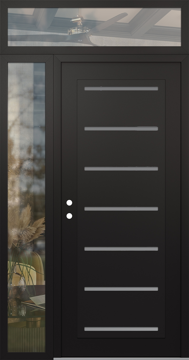 Modern Steel Front Door Diamond C11 48" x 96" black/white frosted Glass Panel black RHI with Sidelite and Transom clear Glass