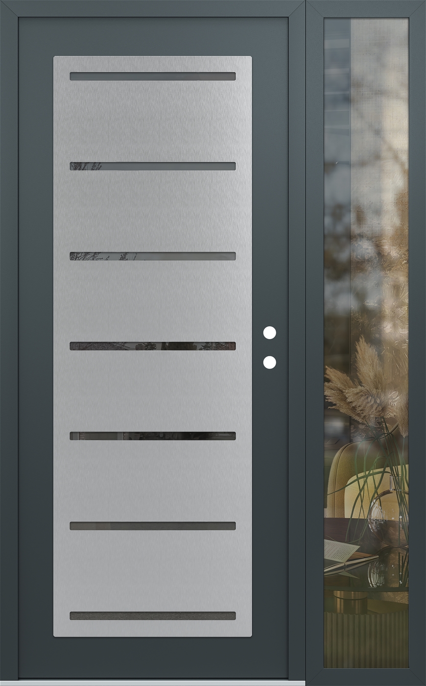 Modern Steel Front Door Diamond C11 50" x 80" anthracite/anthracite mirrored Glass Panel stainless steel LHI with Sidelite clear Glass