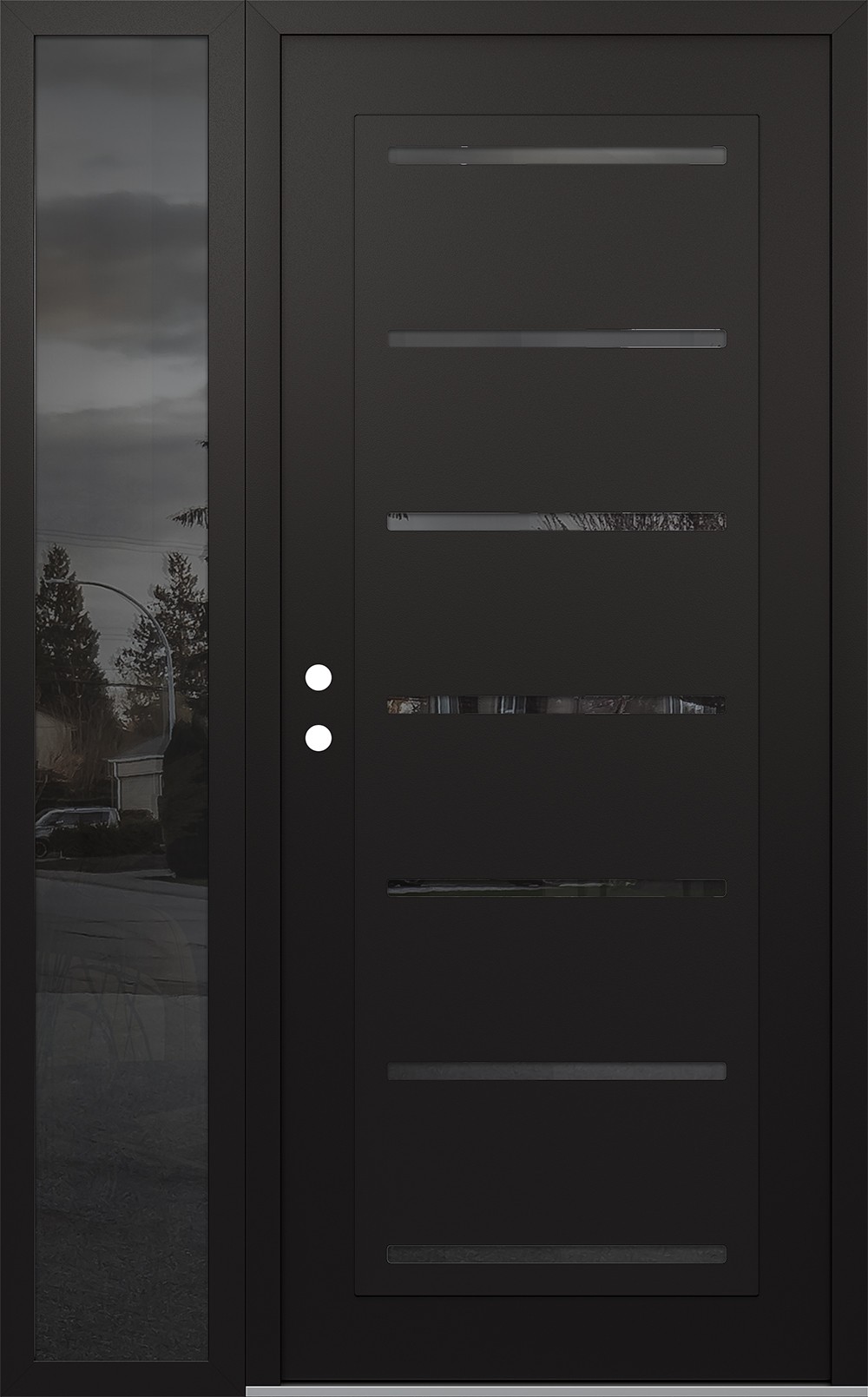 Modern Steel Front Door Diamond C11 50" x 80" black/black mirrored Glass Panel black RHI with Sidelite mirrored Glass