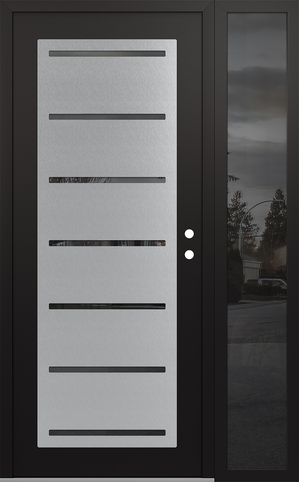 Modern Steel Front Door Diamond C11 50" x 80" black/black mirrored Glass Panel stainless steel LHI with Sidelite mirrored Glass