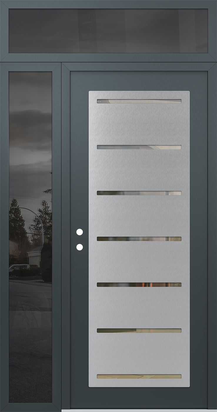 Modern Steel Front Door Diamond C11 50" x 96" anthracite/anthracite clear Glass Panel stainless steel RHI with Sidelite and Transom mirrored Glass