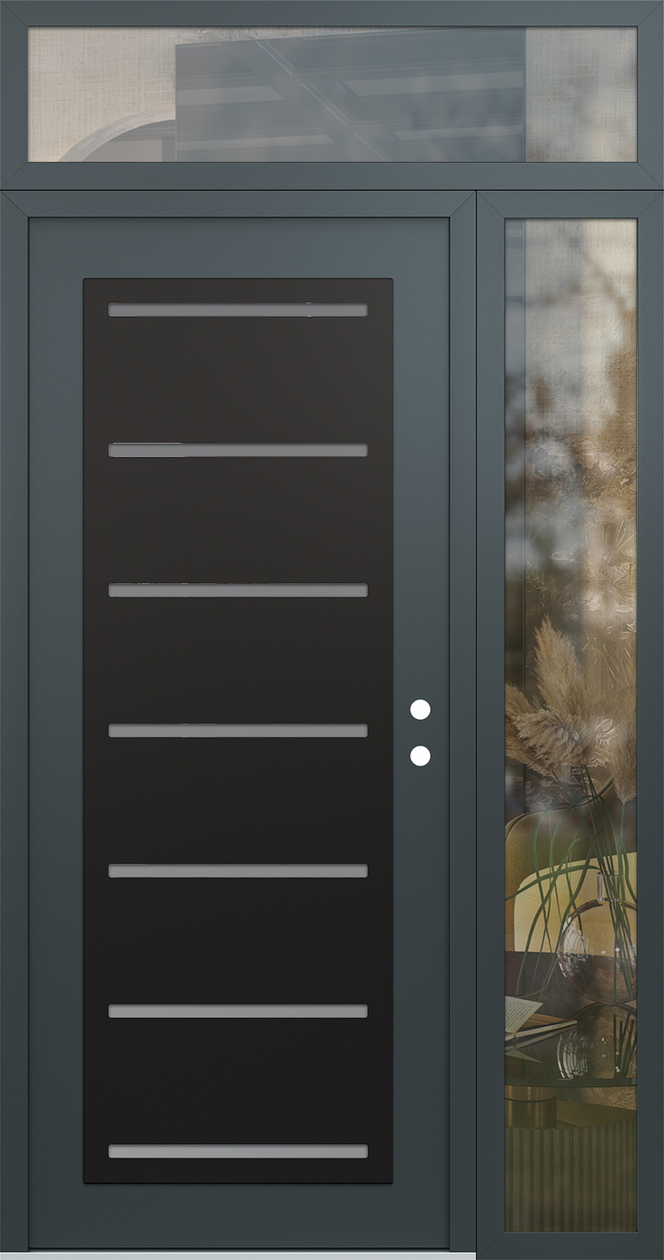 Modern Steel Front Door Diamond C11 50" x 96" anthracite/anthracite frosted Glass Panel black LHI with Sidelite and Transom clear Glass