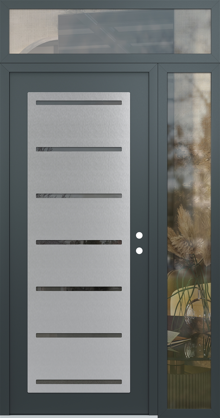 Modern Steel Front Door Diamond C11 50" x 96" anthracite/anthracite mirrored Glass Panel stainless steel LHI with Sidelite and Transom clear Glass