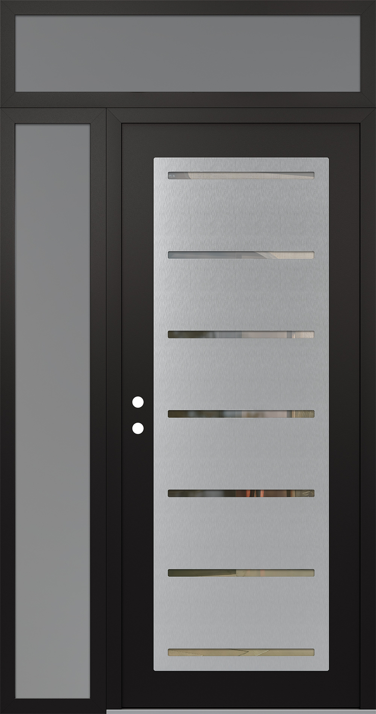 Modern Steel Front Door Diamond C11 50" x 96" black/black clear Glass Panel stainless steel RHI with Sidelite and Transom frosted Glass
