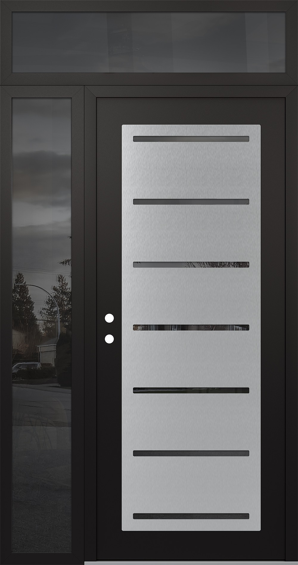 Modern Steel Front Door Diamond C11 50" x 96" black/black mirrored Glass Panel stainless steel RHI with Sidelite and Transom mirrored Glass
