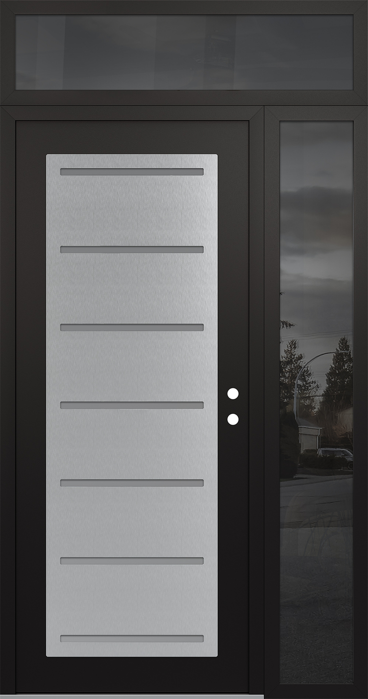 Modern Steel Front Door Diamond C11 50" x 96" black/white frosted Glass Panel stainless steel LHI with Sidelite and Transom mirrored Glass