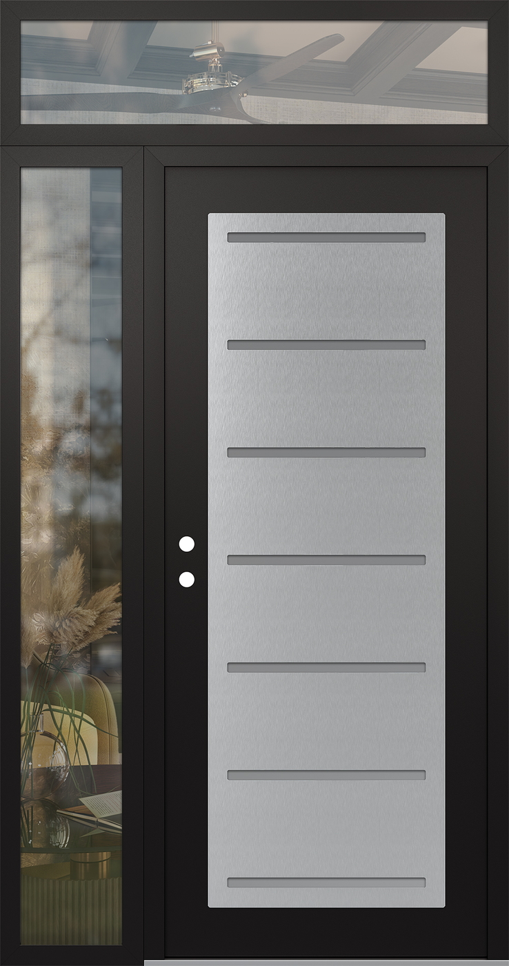 Modern Steel Front Door Diamond C11 50" x 96" black/white frosted Glass Panel stainless steel RHI with Sidelite and Transom clear Glass