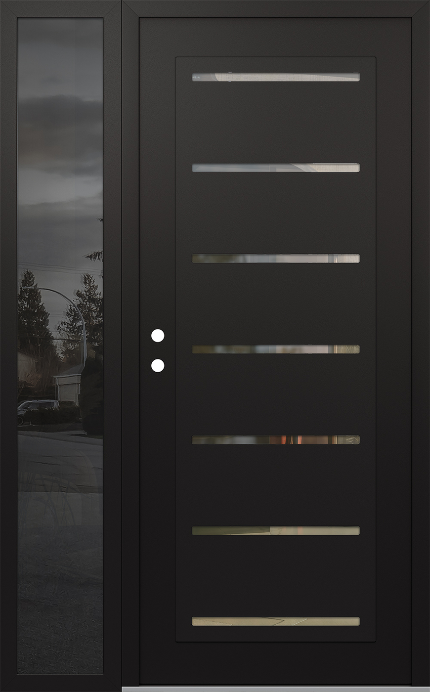 Modern Steel Front Door Diamond C11 52" x 80" black/black clear Glass Panel black RHI with Sidelite mirrored Glass