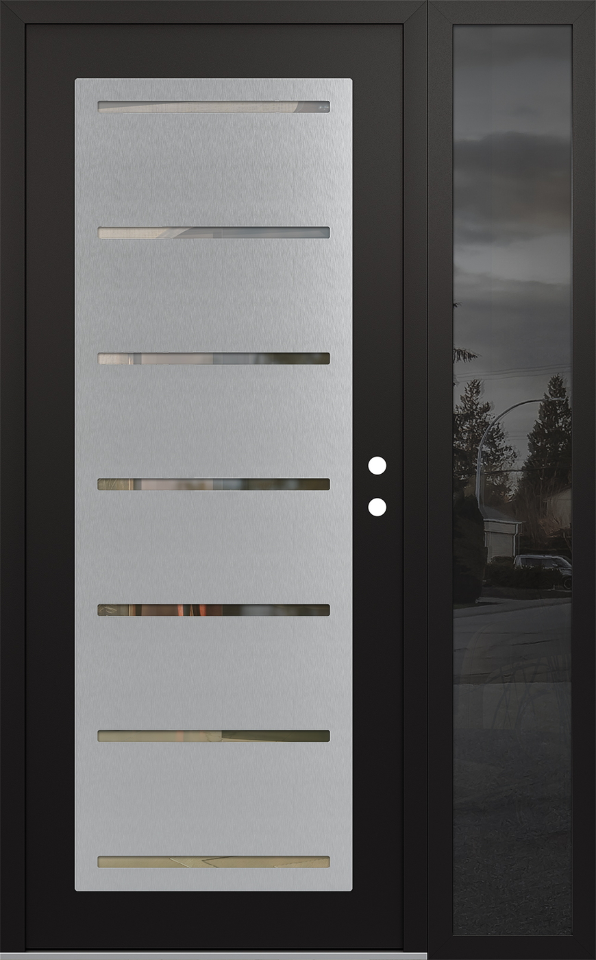 Modern Steel Front Door Diamond C11 52" x 80" black/black clear Glass Panel stainless steel LHI with Sidelite mirrored Glass
