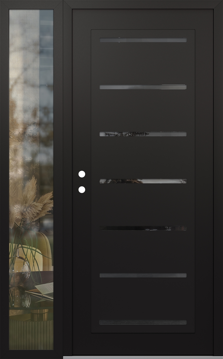 Modern Steel Front Door Diamond C11 52" x 80" black/black mirrored Glass Panel black RHI with Sidelite clear Glass