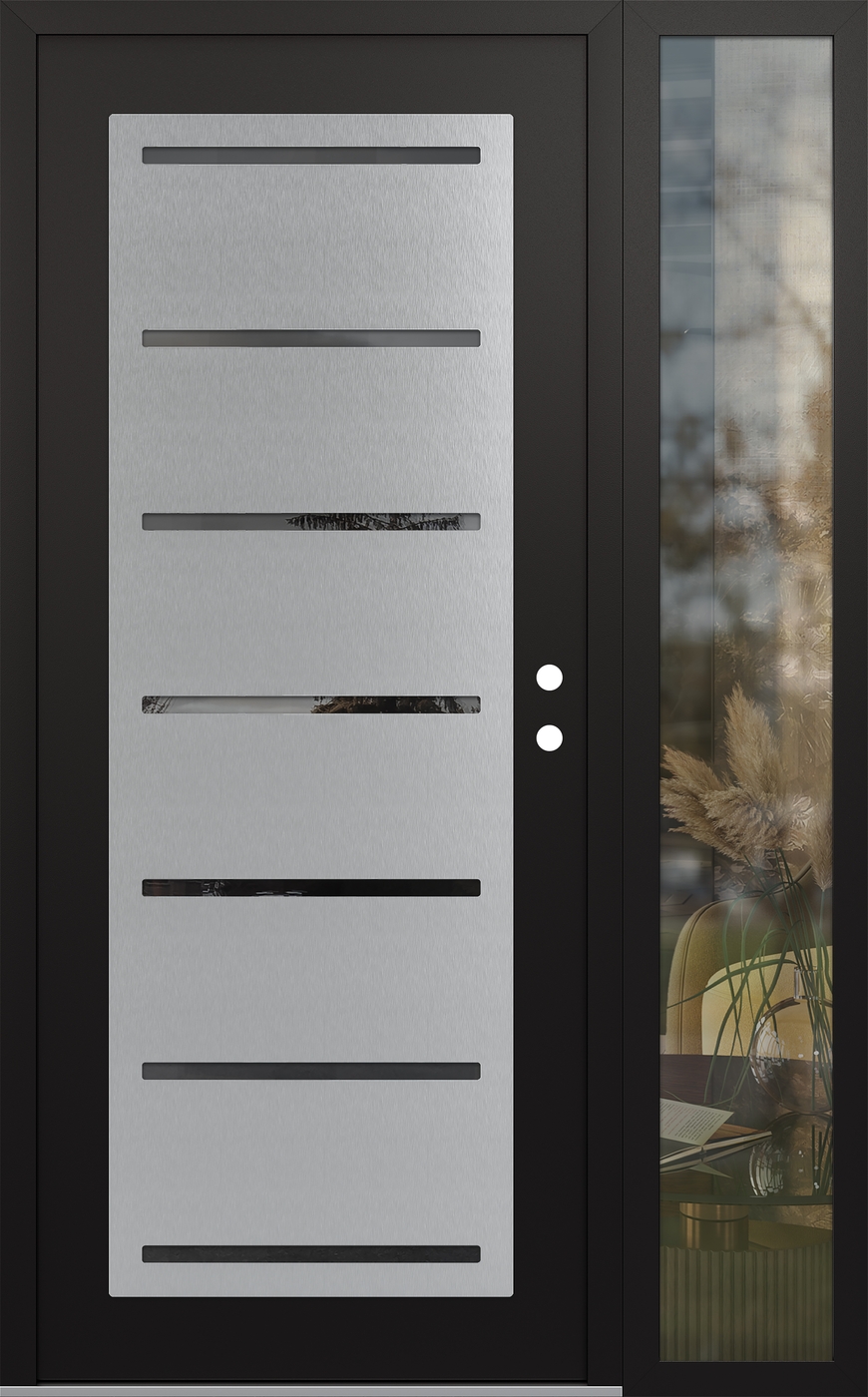 Modern Steel Front Door Diamond C11 52" x 80" black/black mirrored Glass Panel stainless steel LHI with Sidelite clear Glass