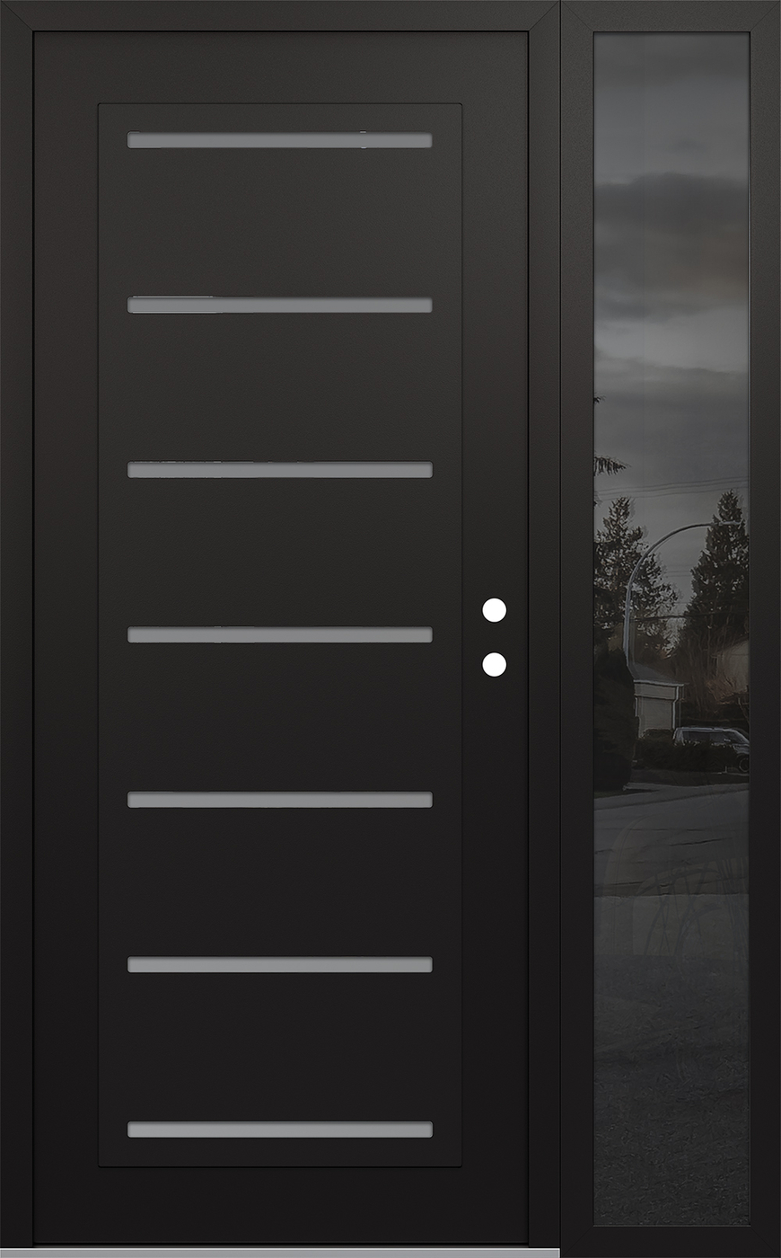 Modern Steel Front Door Diamond C11 52" x 80" black/white frosted Glass Panel black LHI with Sidelite mirrored Glass