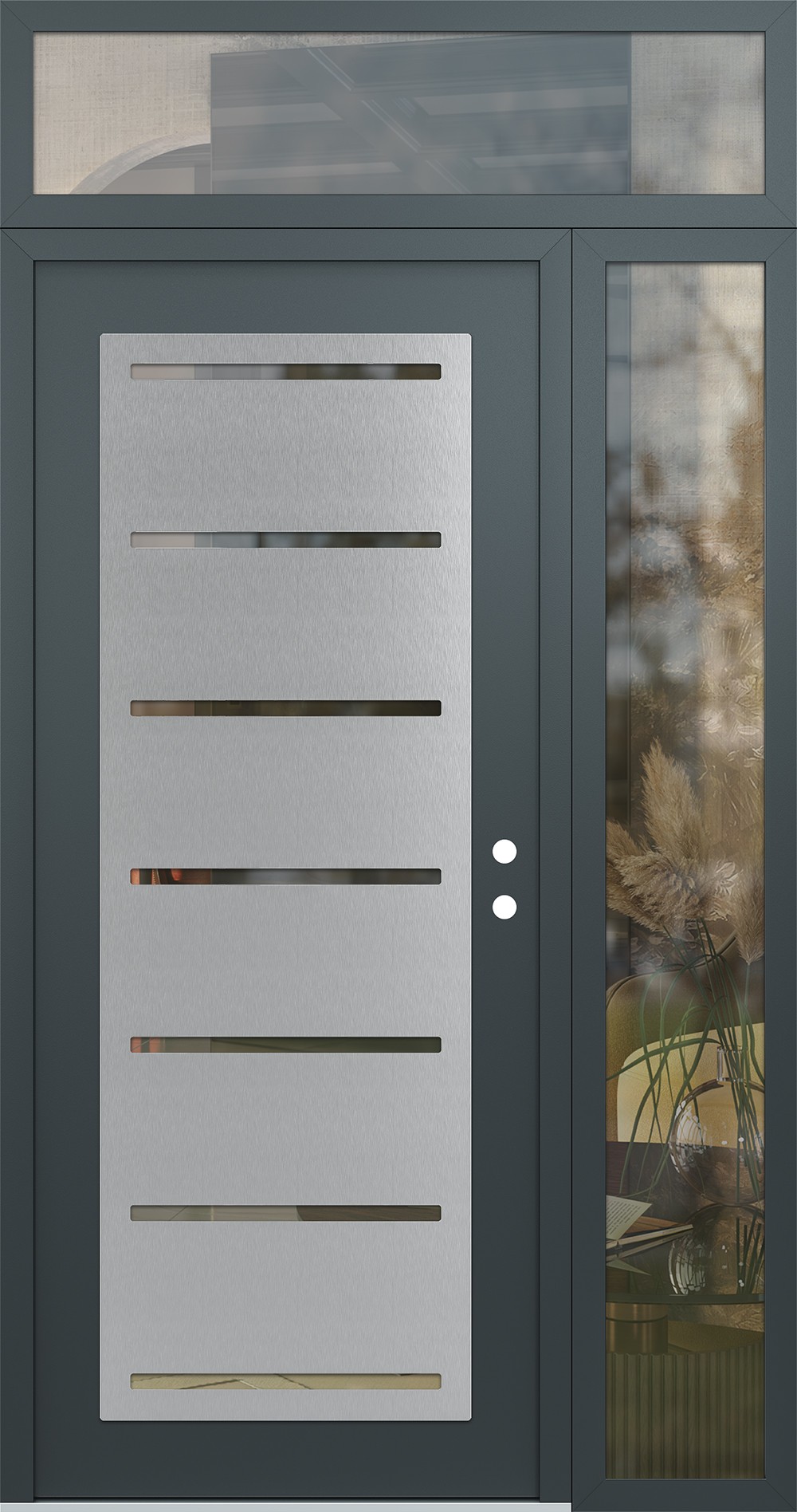 Modern Steel Front Door Diamond C11 52" x 96" anthracite/anthracite clear Glass Panel stainless steel LHI with Sidelite and Transom clear Glass