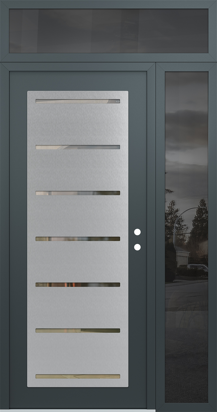 Modern Steel Front Door Diamond C11 52" x 96" anthracite/anthracite clear Glass Panel stainless steel LHI with Sidelite and Transom mirrored Glass