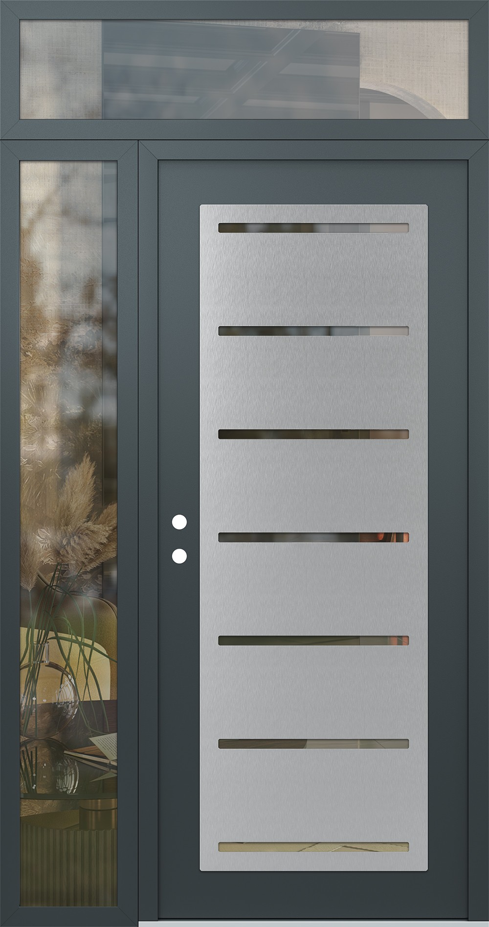 Modern Steel Front Door Diamond C11 52" x 96" anthracite/anthracite clear Glass Panel stainless steel RHI with Sidelite and Transom clear Glass