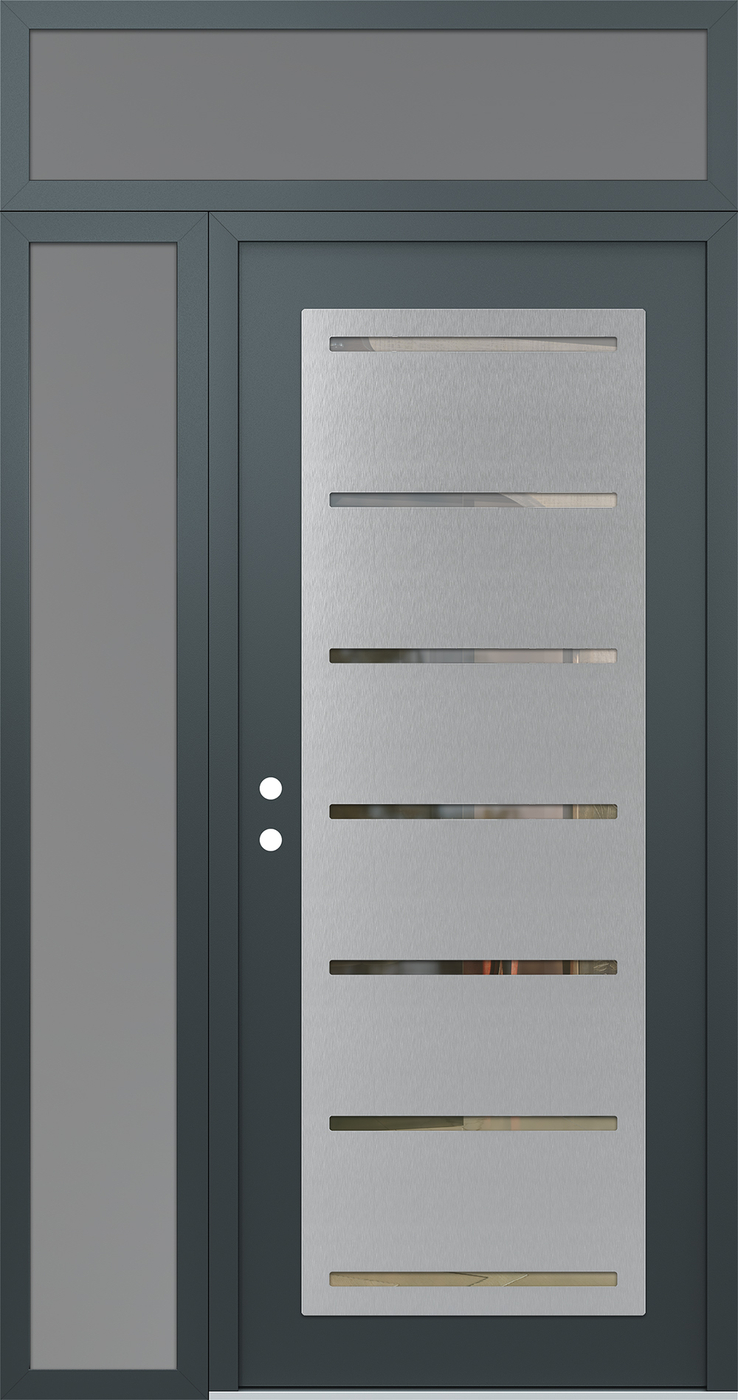 Modern Steel Front Door Diamond C11 52" x 96" anthracite/anthracite clear Glass Panel stainless steel RHI with Sidelite and Transom frosted Glass