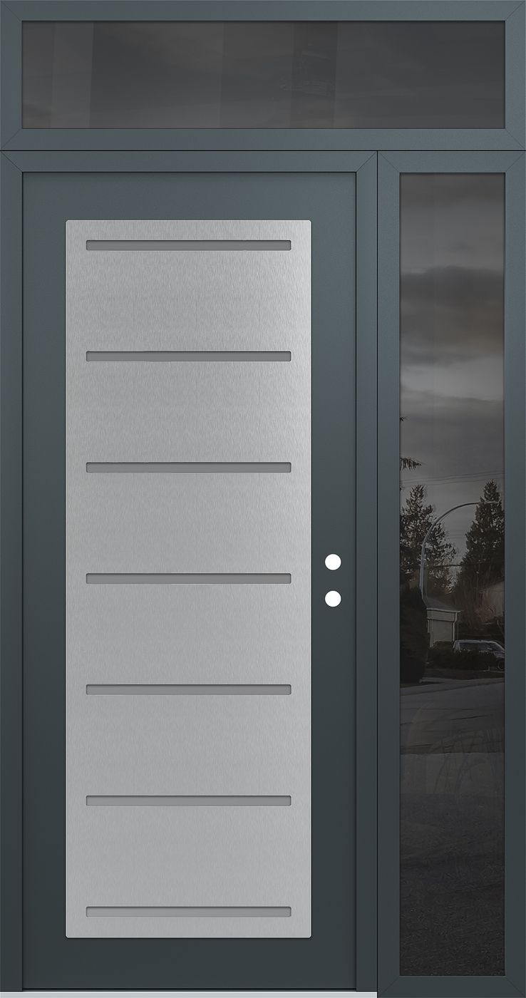 Modern Steel Front Door Diamond C11 52" x 96" anthracite/anthracite frosted Glass Panel stainless steel LHI with Sidelite and Transom mirrored Glass
