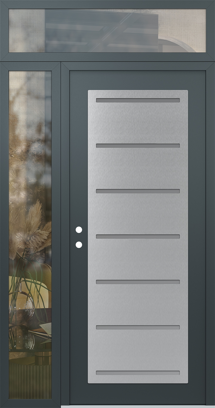 Modern Steel Front Door Diamond C11 52" x 96" anthracite/anthracite frosted Glass Panel stainless steel RHI with Sidelite and Transom clear Glass