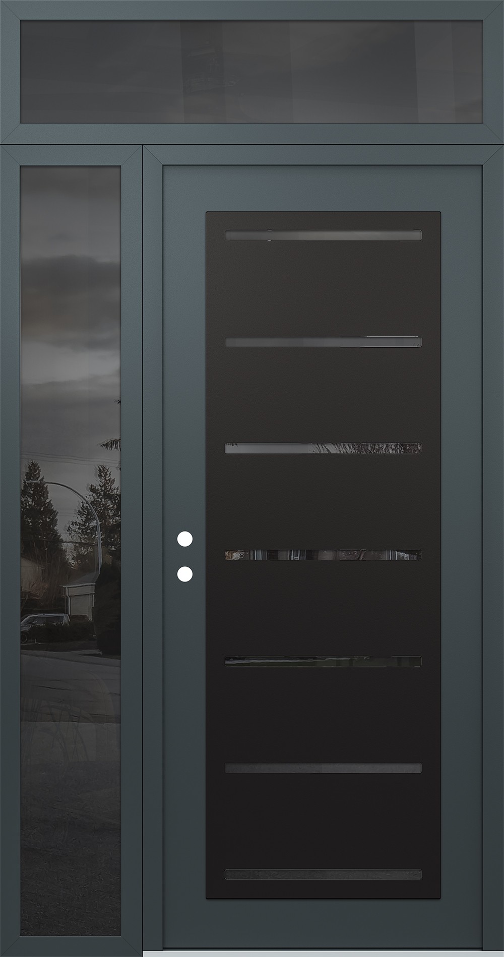 Modern Steel Front Door Diamond C11 52" x 96" anthracite/anthracite mirrored Glass Panel black RHI with Sidelite and Transom mirrored Glass
