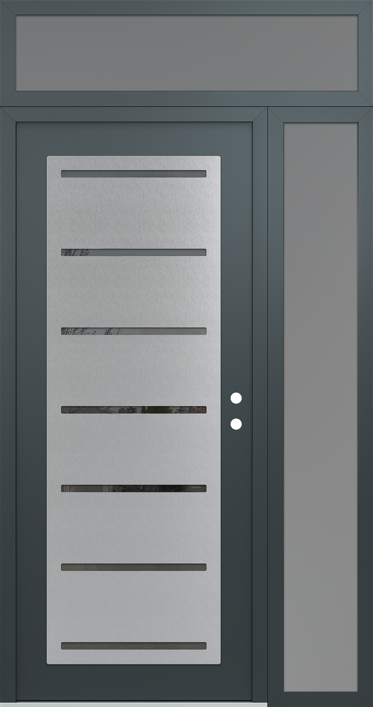 Modern Steel Front Door Diamond C11 52" x 96" anthracite/anthracite mirrored Glass Panel stainless steel LHI with Sidelite and Transom frosted Glass