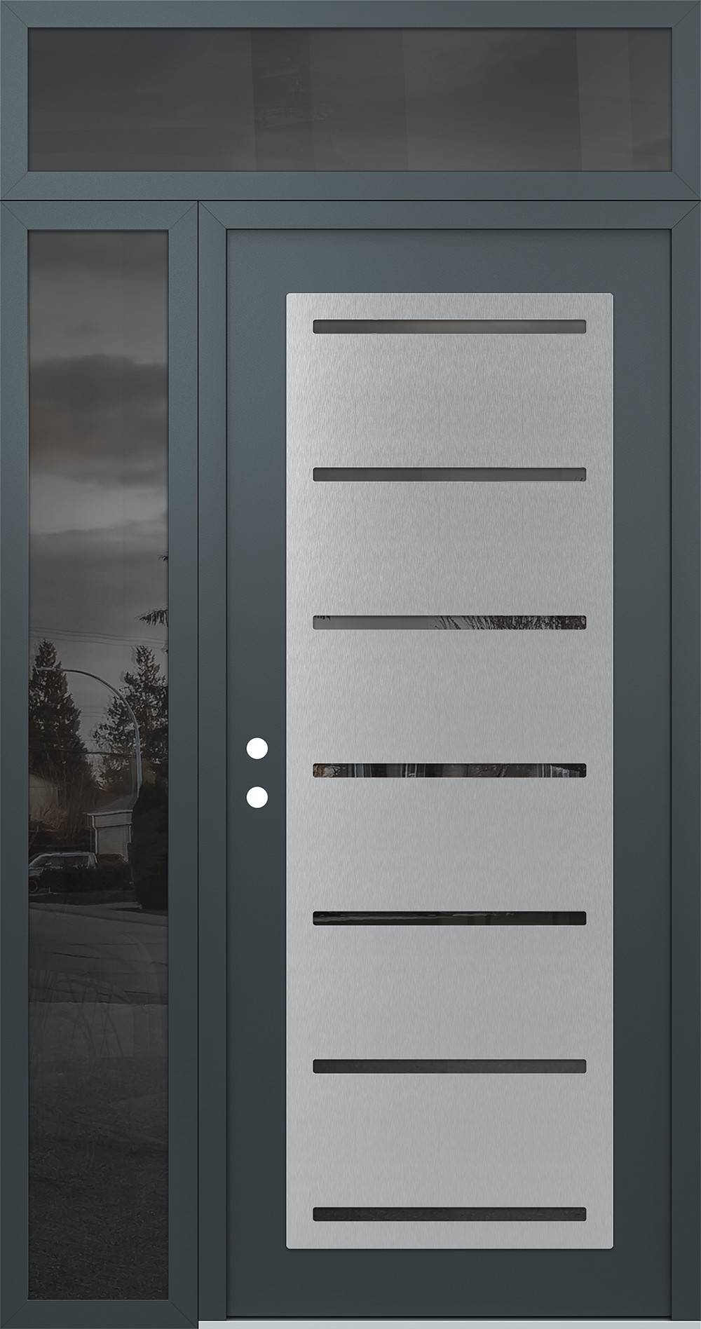 Modern Steel Front Door Diamond C11 52" x 96" anthracite/anthracite mirrored Glass Panel stainless steel RHI with Sidelite and Transom mirrored Glass