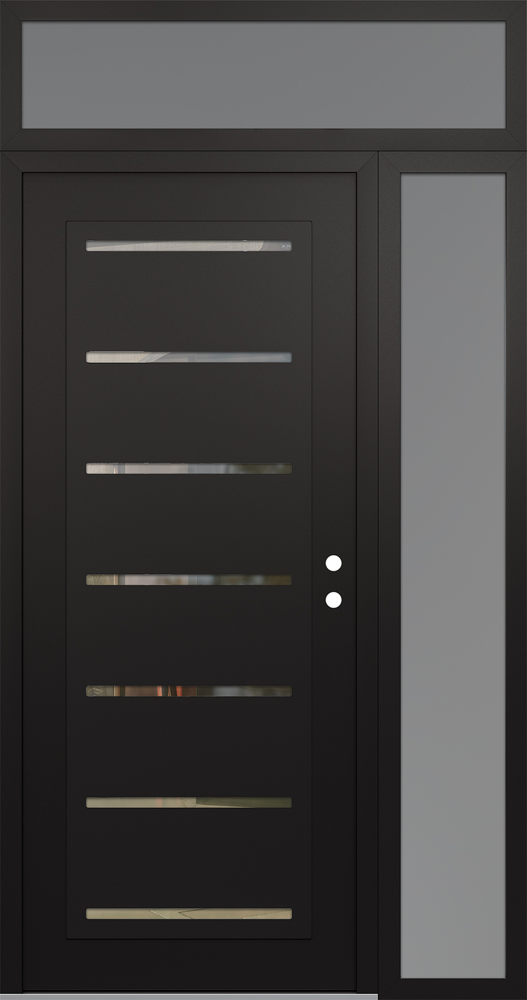 Modern Steel Front Door Diamond C11 52" x 96" black/black clear Glass Panel black LHI with Sidelite and Transom frosted Glass